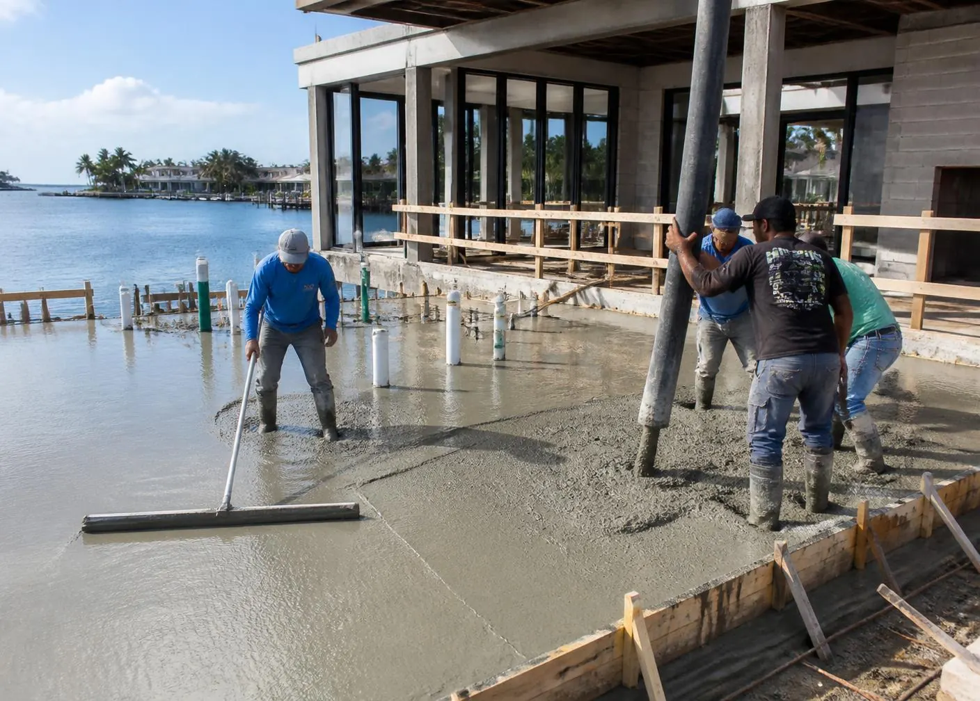 Crew screeding a residential slab pour