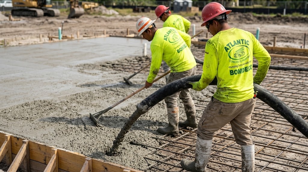 Atlantic crew placing concrete through a hose on a ground-level foundation pour