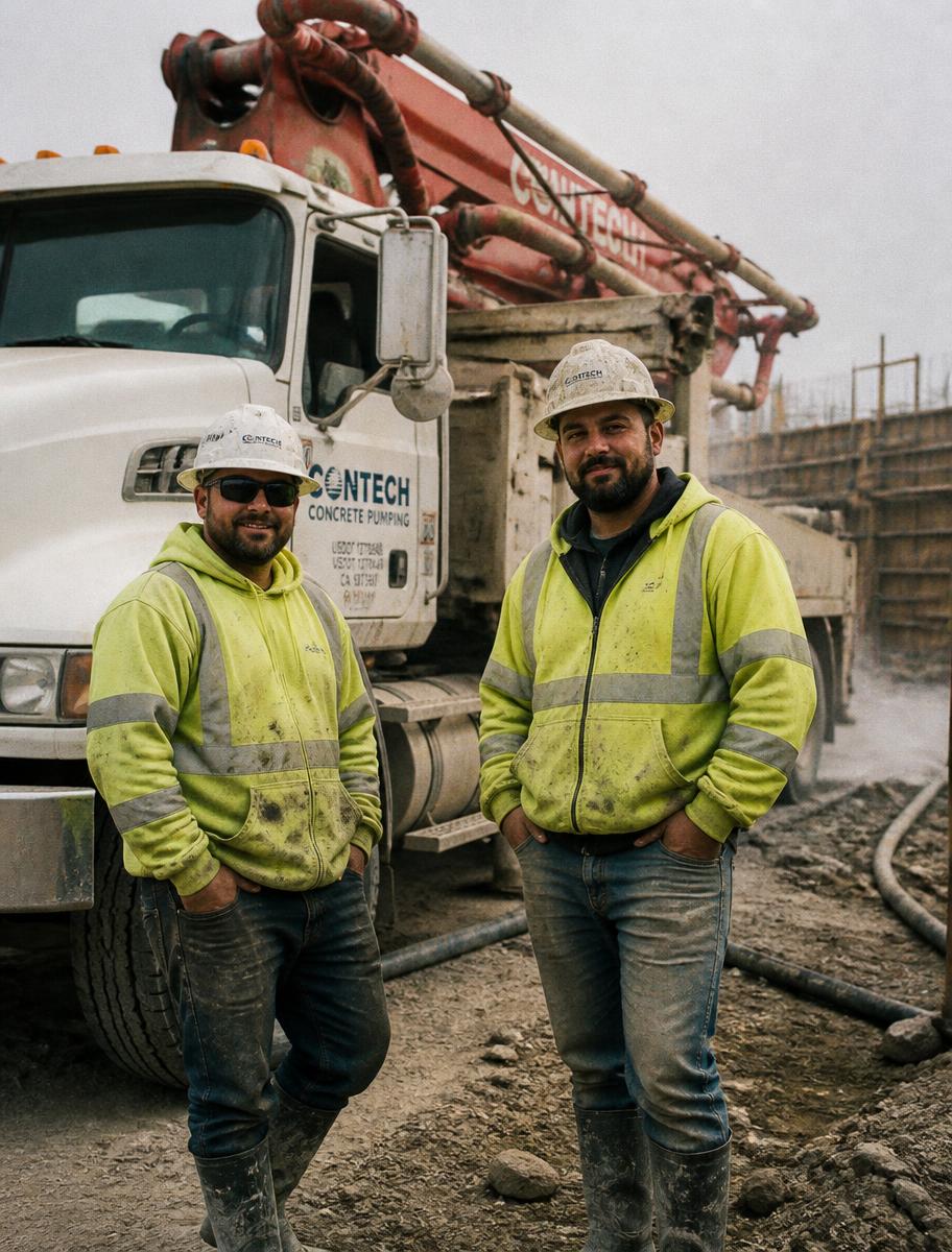 Atlantic Concrete Pumping crew in front of their boom pump rig