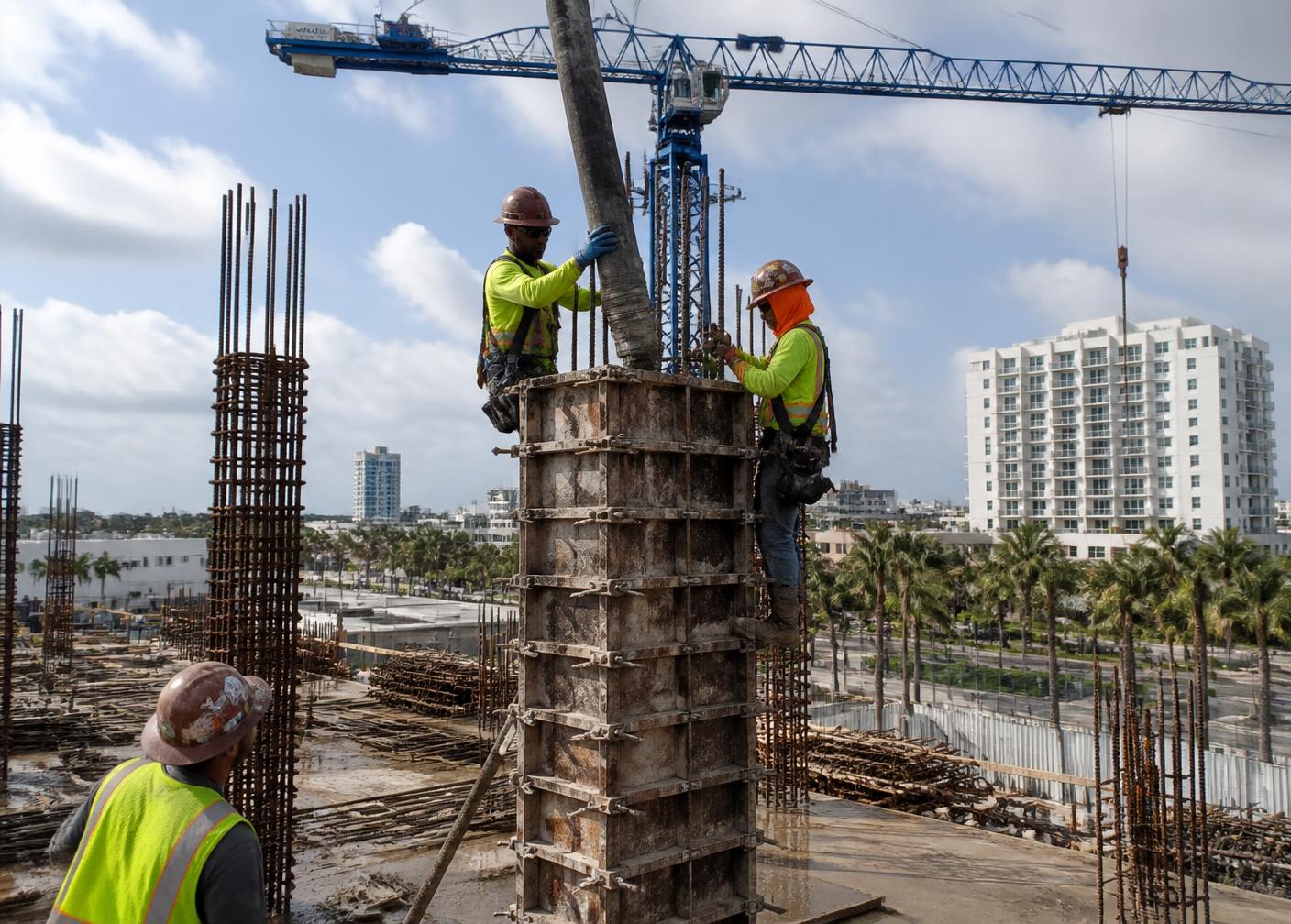 Mid-rise structural column pour with boom pump on a Coral Gables jobsite