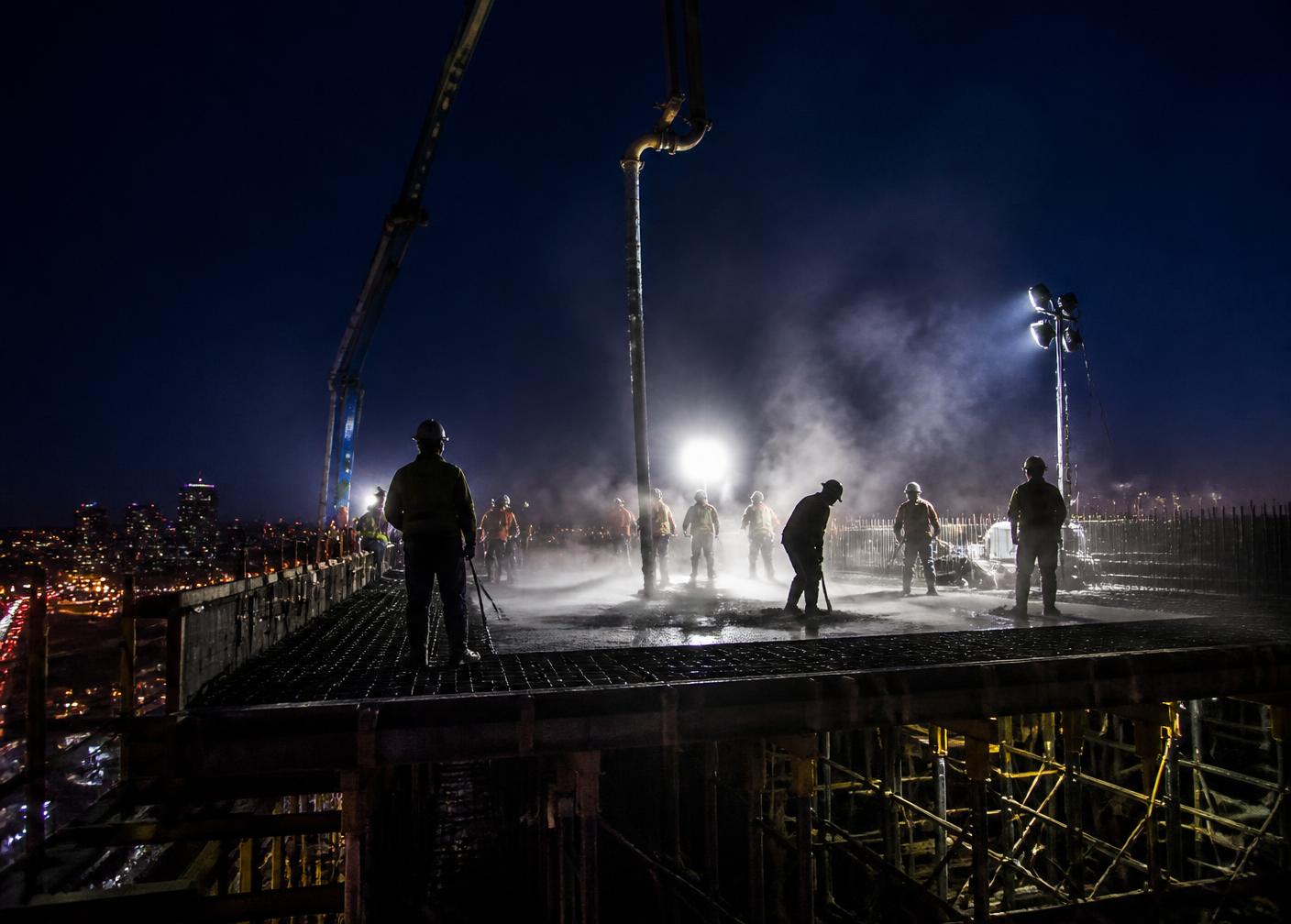 Overnight elevated deck pour under floodlights