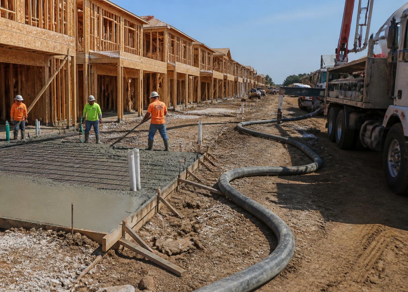Line pump hoses running through a townhome community pour