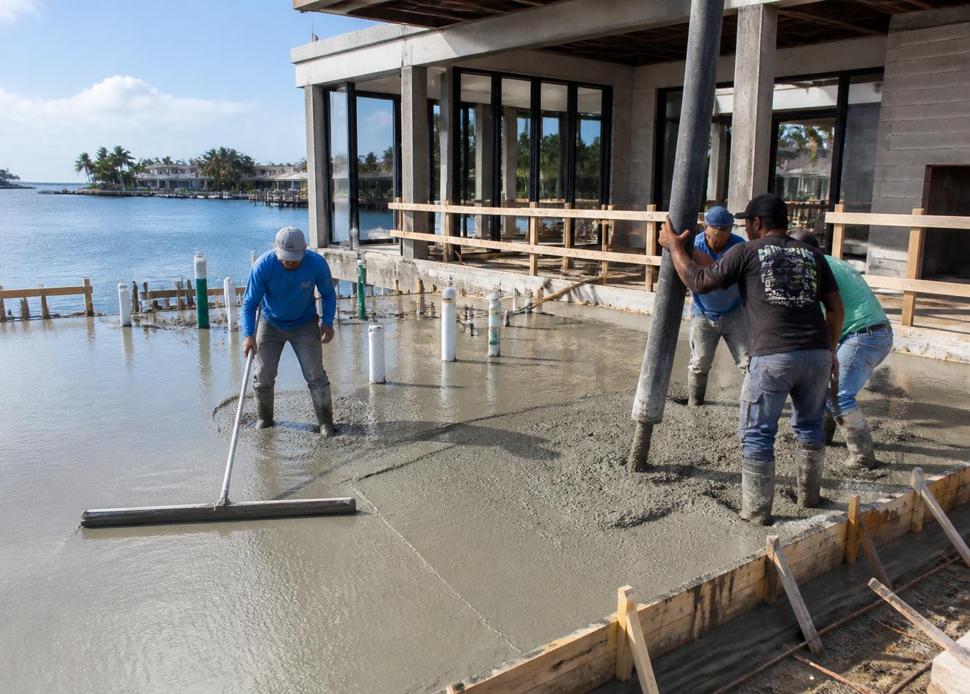 Crew screeding a waterfront residence slab pour in Doral