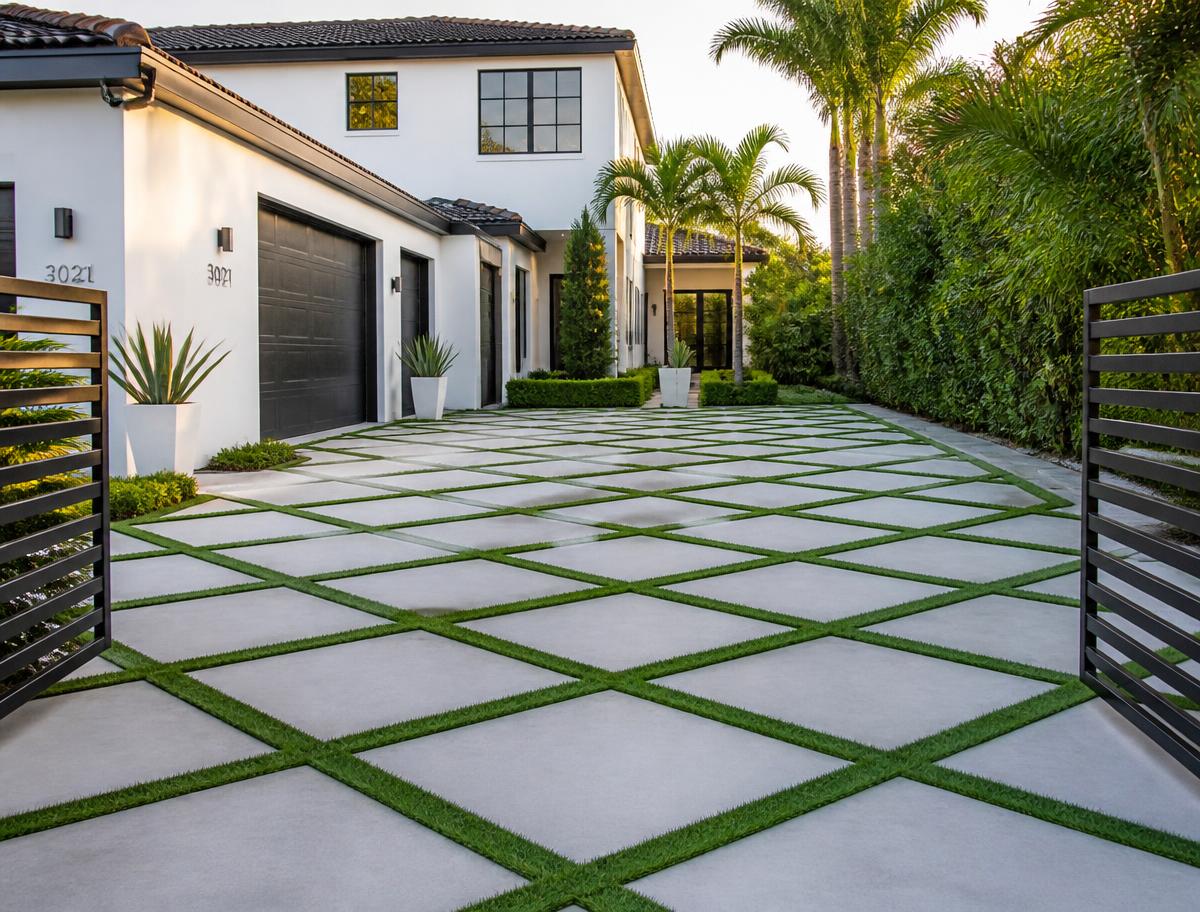 Finished grass-paver concrete driveway with green joints